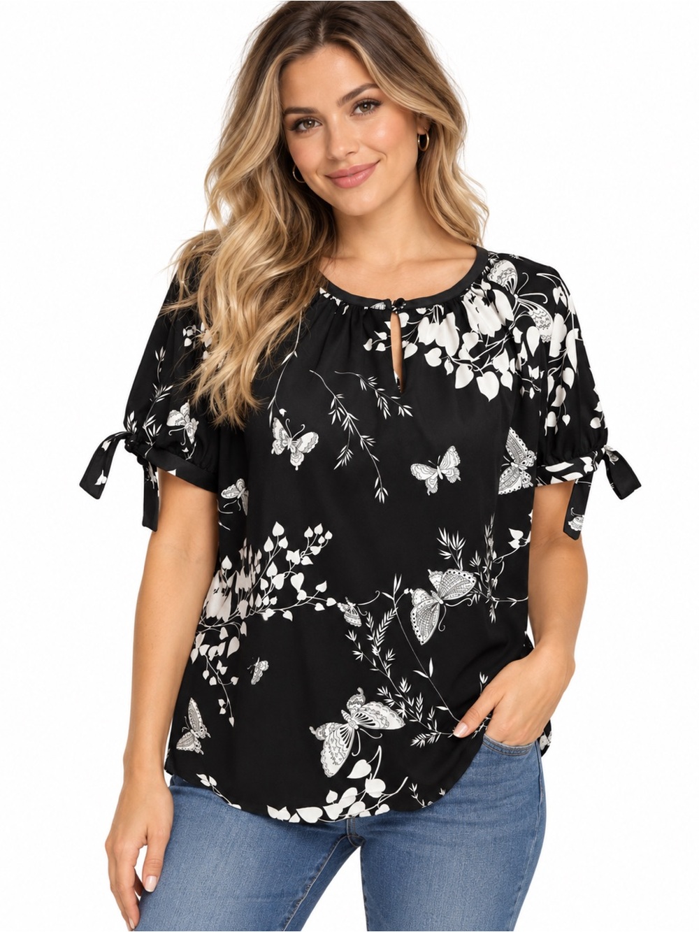 Vintage 70s Butterfly Floral Blouse Black White Tie Sleeve Polyester XL 1X